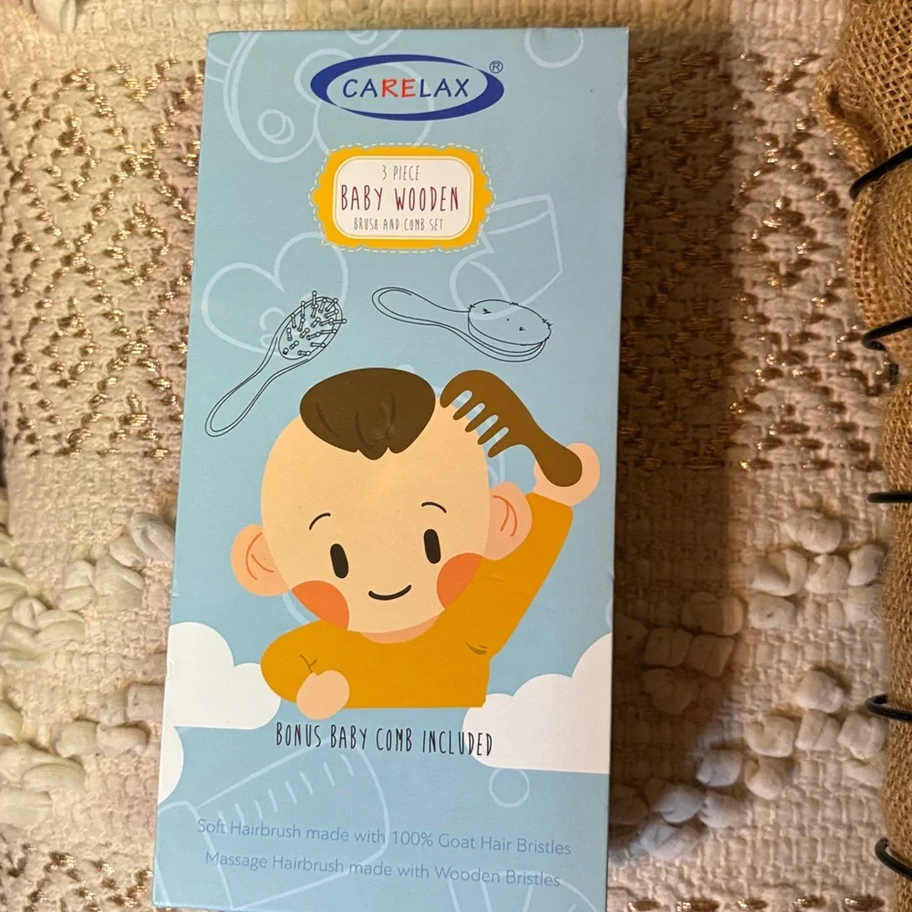 NIB Carelax 3-Piece Baby Wooden Brush & Comb Set - 100% Goat Hair Bristles
